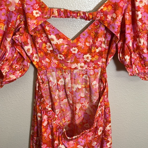 NWT Free People Amy Red Pink Floral Puff Sleeve Open Back Romper Jumpsuit - Picture 10 of 15